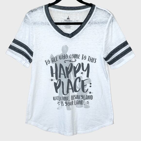 DISNEY PARKS Disneyland happy place v neck paperweight burnout ringer tee small - Picture 1 of 4